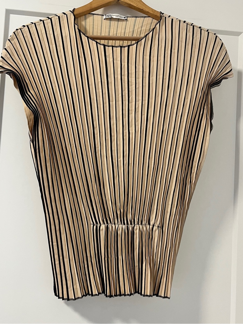 Zara Black and Beige Vertical Stripe Pleated Blouse